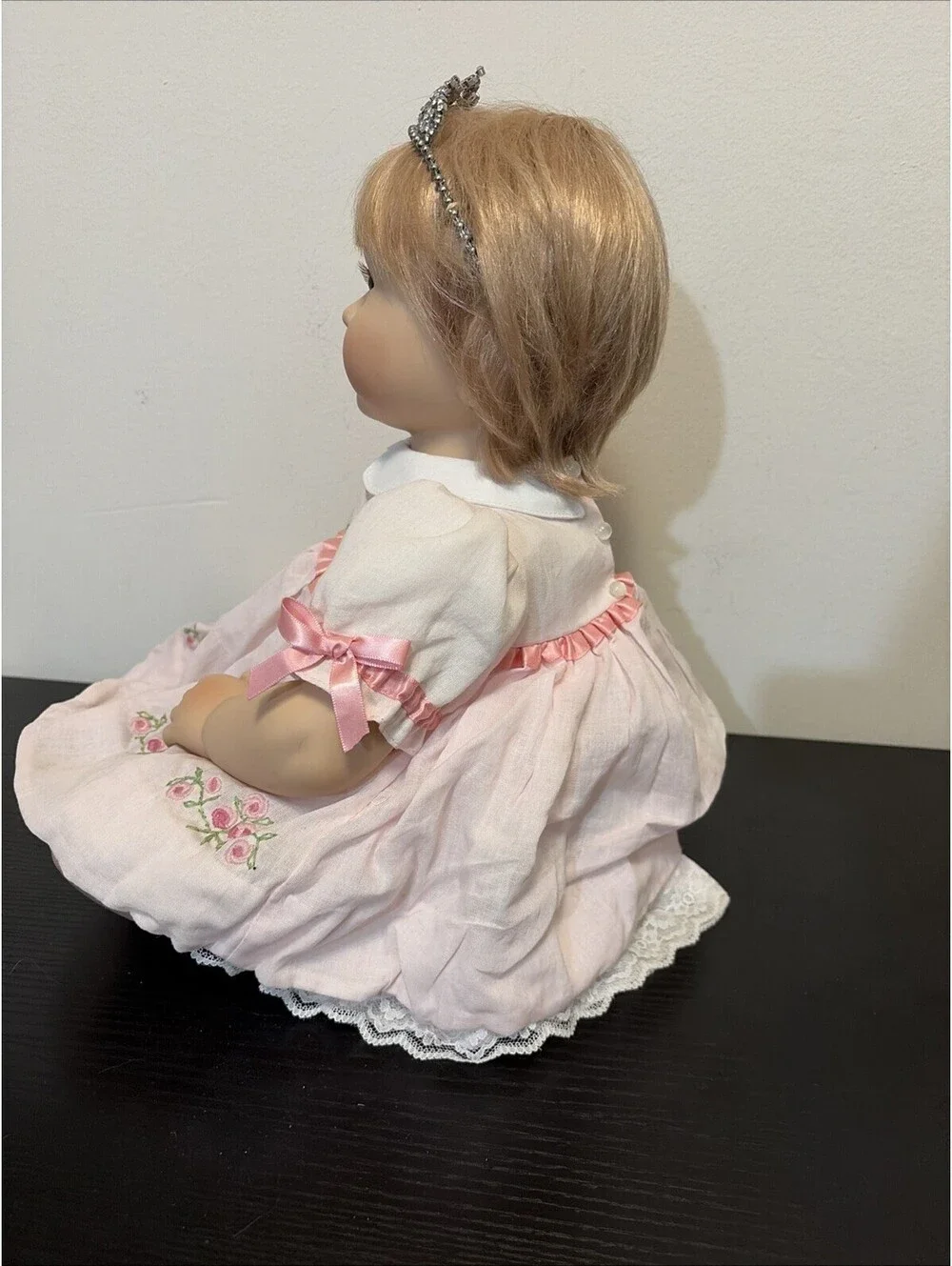 Danbury Mint Porcelain Girl Doll Pink Flower Dress Crochet Booties Collectible